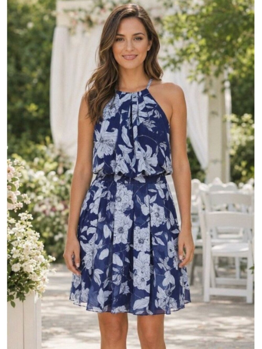 Eliza J Dress Size 2 Navy Blue Floral Halter Chiffon Blouson Cocktail - Like New